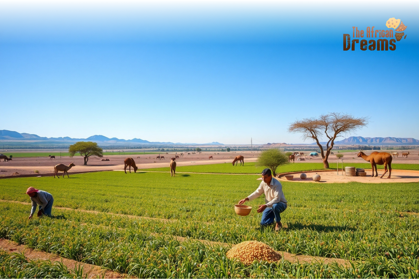 Realistic view of Eritrea’s agricultural sector showing sesame farming, livestock grazing, irrigation development, and natural resin-producing trees, representing export potential and agribusiness investment opportunities.