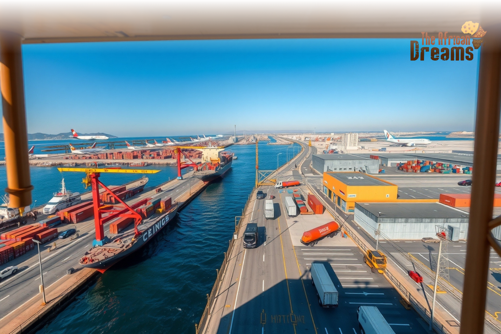 Modern transport and logistics infrastructure in Libya showing seaport cargo operations, highways, and airport facilities supporting regional trade.