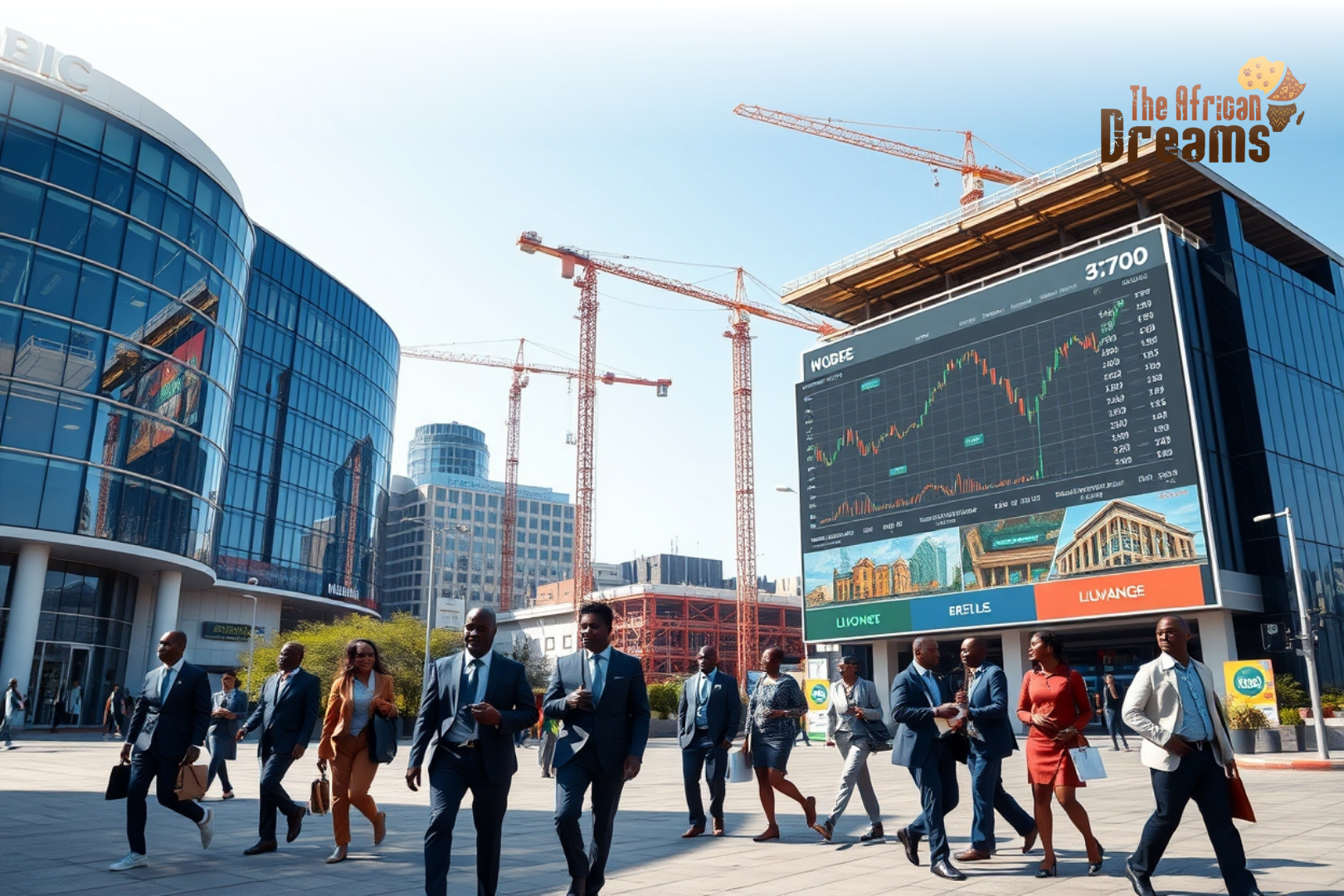 malawi-capital-markets-development-plan-2021-2025-realistic-growth (1) Modern financial district in Lilongwe showing investors, stock exchange building, and infrastructure development symbolizing Malawi’s capital market growth.