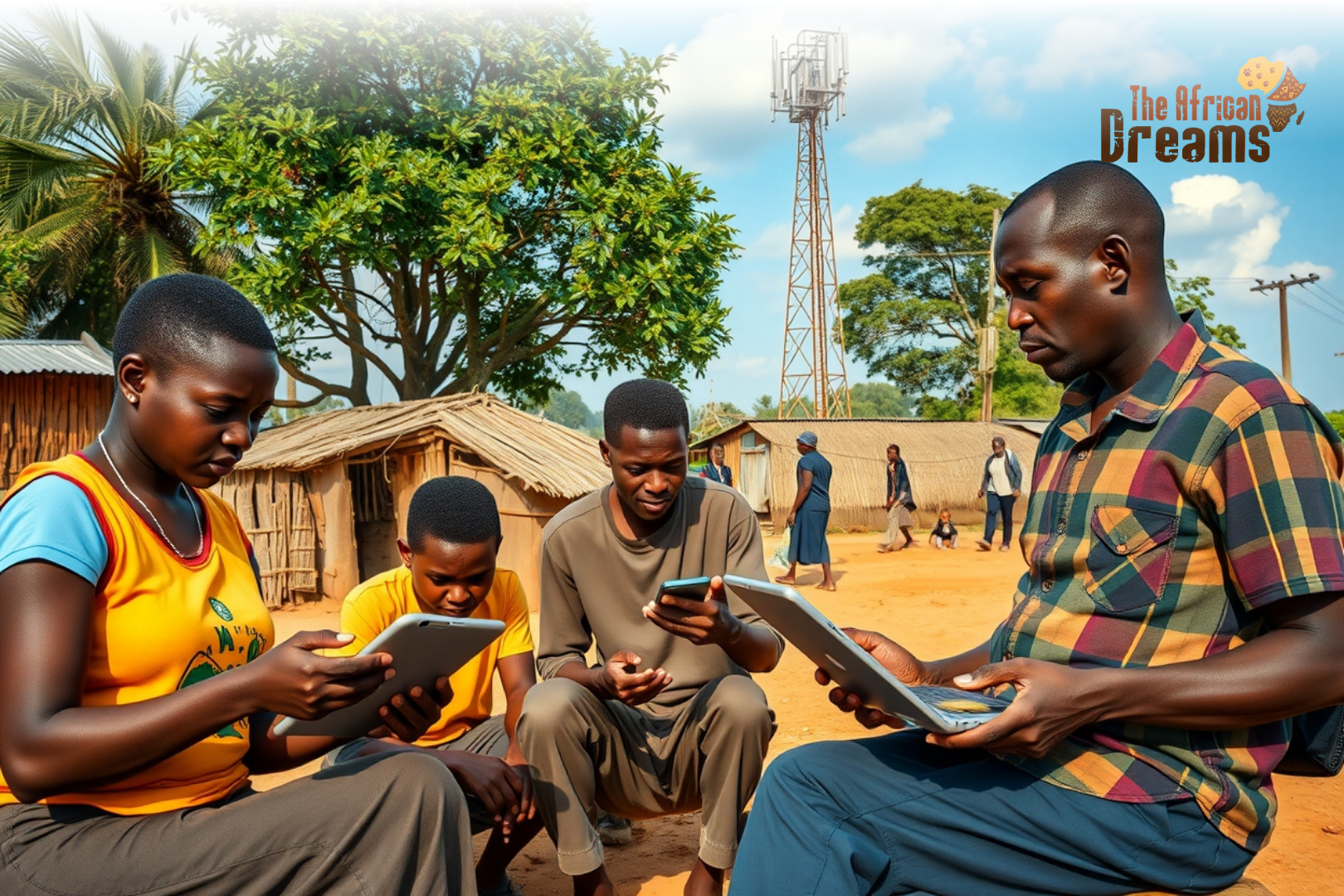 People in rural Malawi using smartphones and digital devices for learning, farming, and business in a village setting.