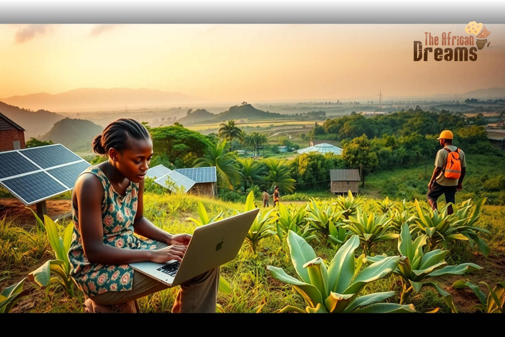 uganda-multi-sector-investment-overview. Panoramic view of Uganda’s economy showing technology, farming, solar energy, mining, and tourism in one realistic landscape.