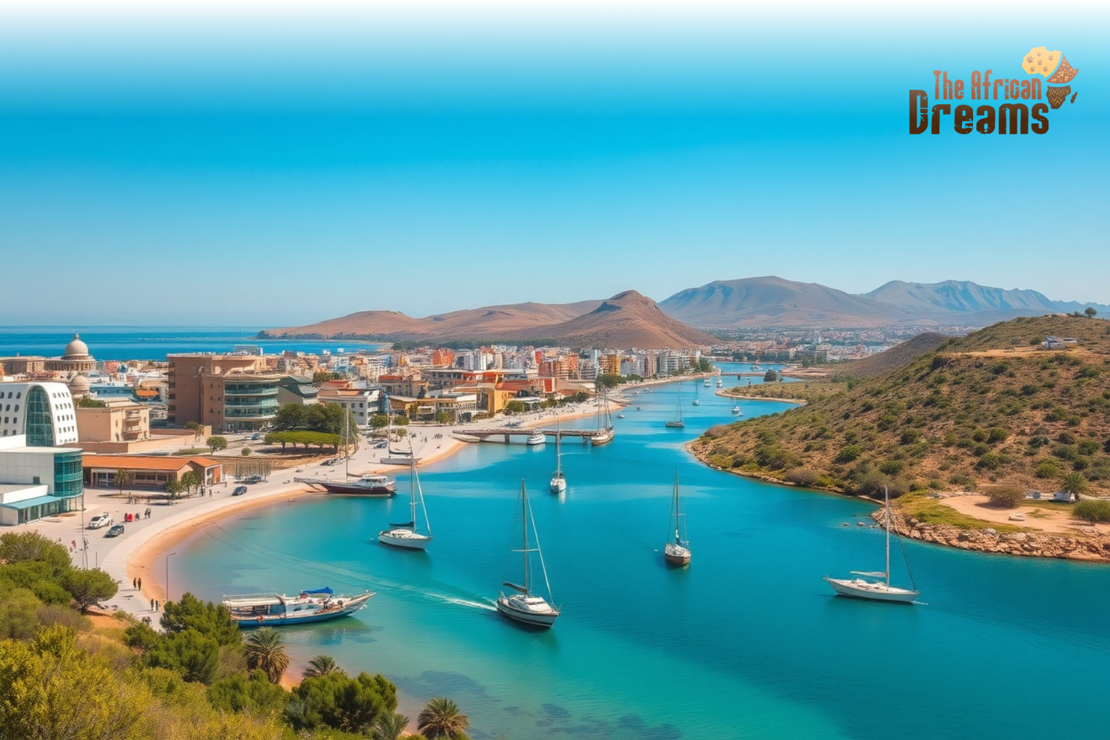 Eritrea Untapped Horizons Panoramic realistic view of Eritrea featuring Asmara’s modernist architecture, Massawa’s Red Sea coastline, the Dahlak Archipelago’s turquoise waters, Keren’s green highlands, and the ancient ruins of Qohaito under bright natural sunlight.