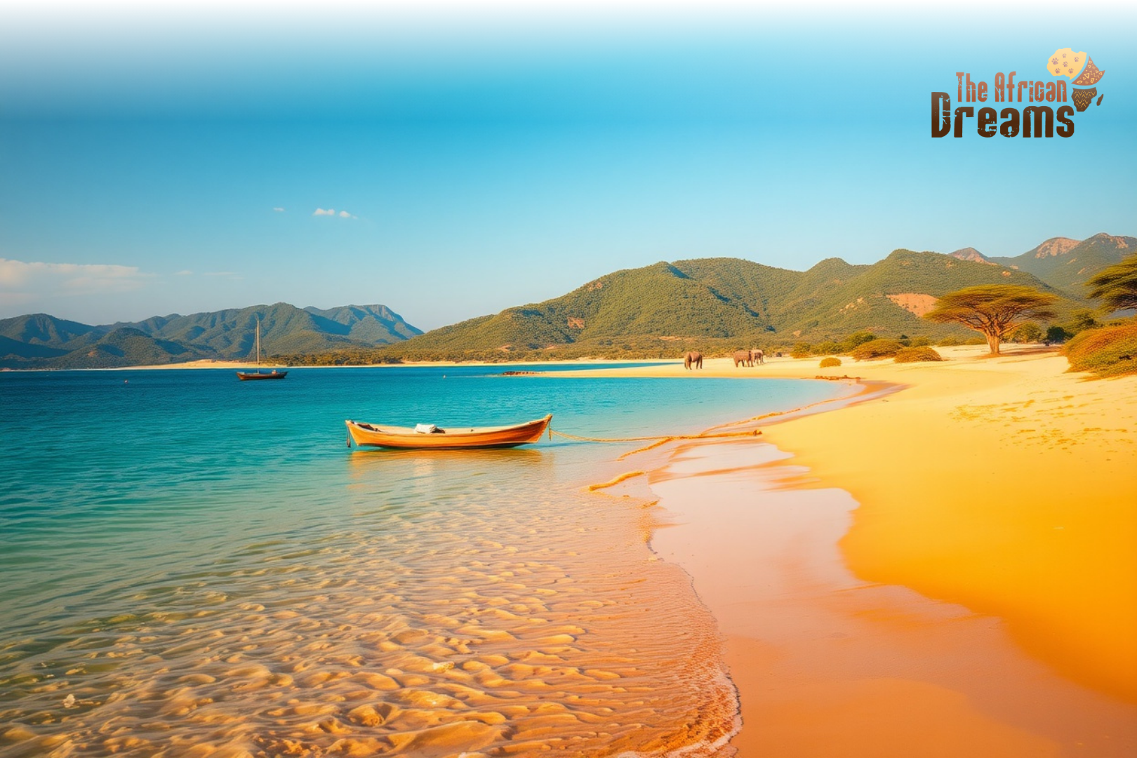 Warm Heart of Africa – Malawi Landscape Experience Panoramic sunset view of Lake Malawi with golden sandy shores, clear blue water, distant elephants near acacia trees, and green hills under warm African light.