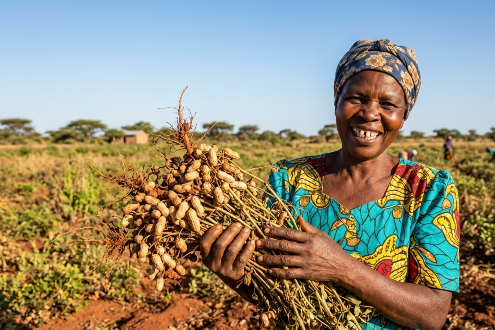 a woman farmer is holding nut crops
