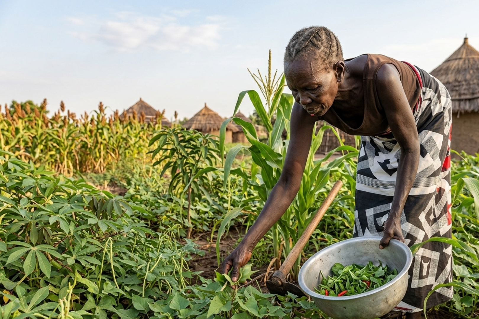 a woman is collecting vegetables
