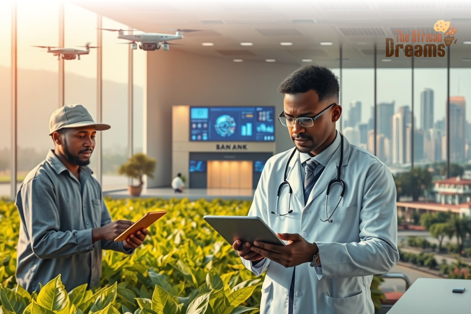 Realistic depiction of AI transforming agriculture, healthcare, banking, and urban business life in Zimbabwe