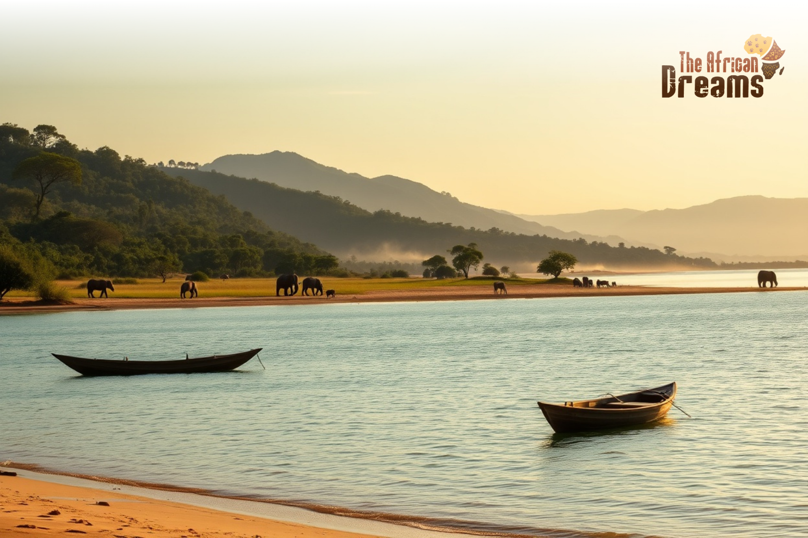 A realistic view of Lake Malawi with clear water, sandy shores, wildlife in the distance, and green hills under warm sunlight during the best travel season.