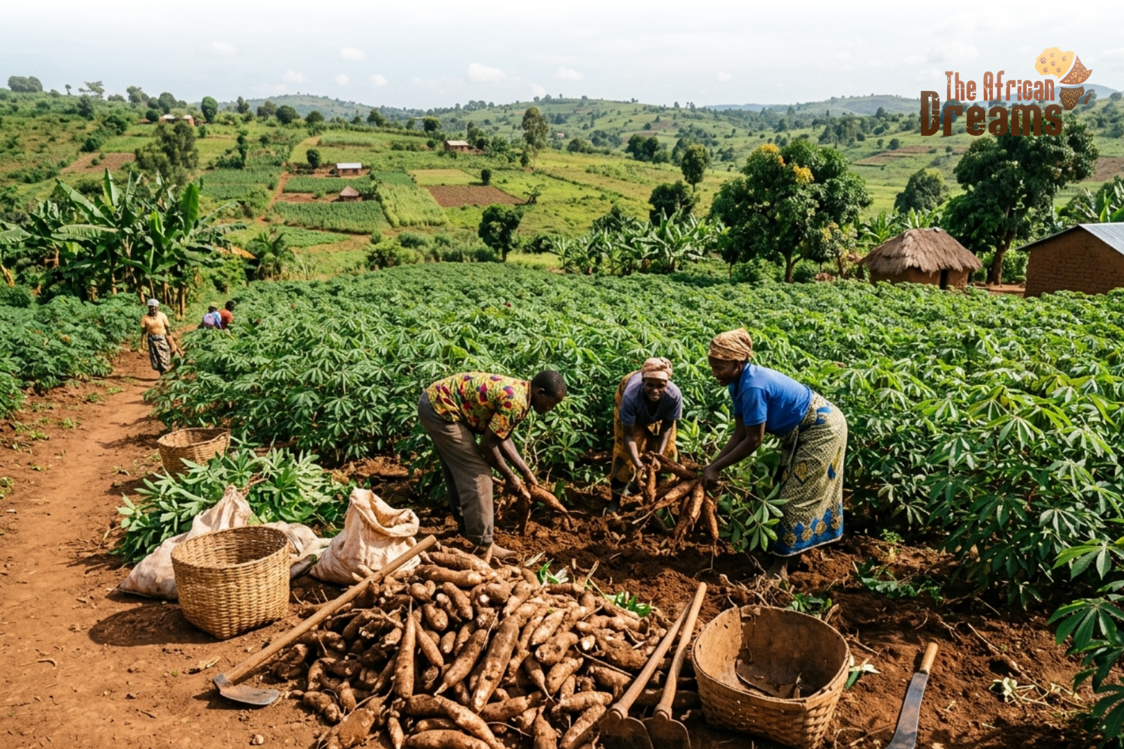 cassava-farming-uganda-profitability Cassava farmers harvesting roots in a large green field in rural Uganda, showing agricultural productivity and economic opportunity