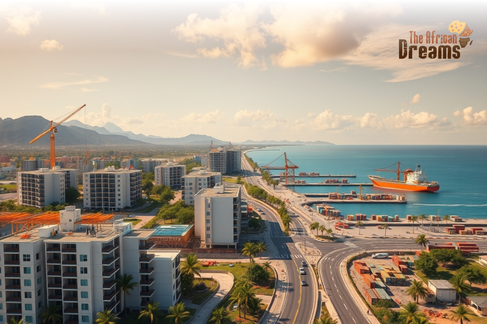 Realistic view of modern housing construction and port infrastructure development in Comoros with roads, cranes, and coastal city growth.