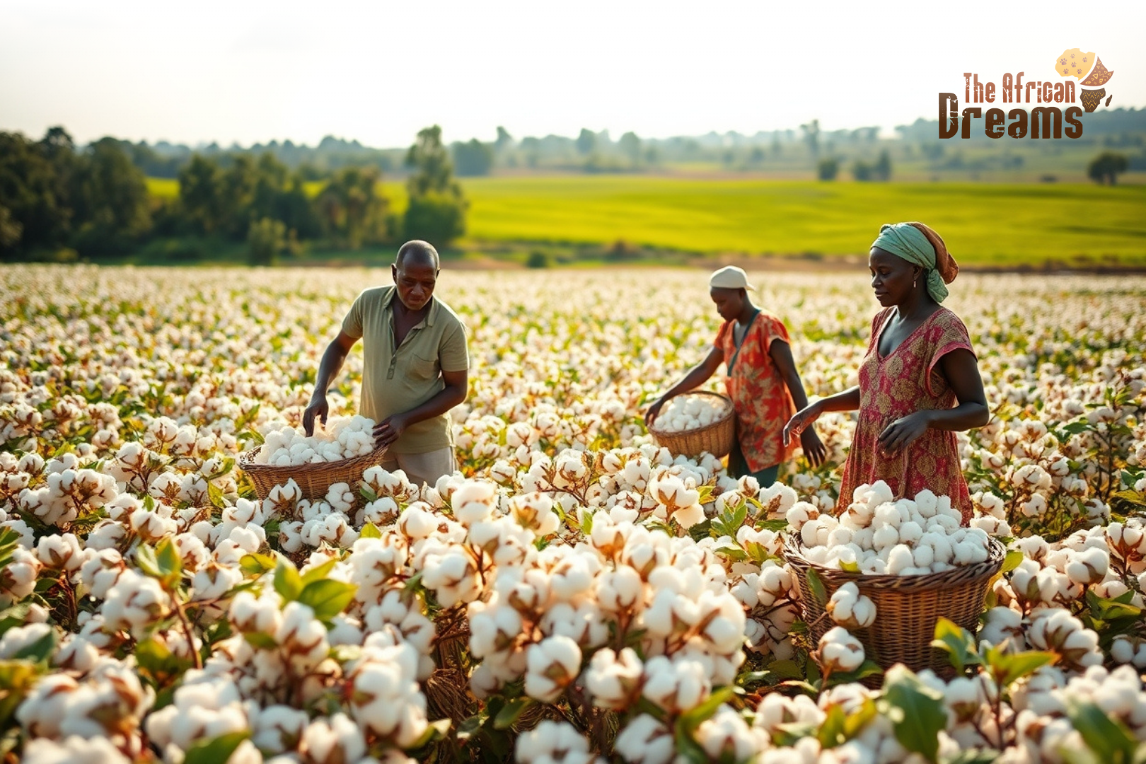 cotton-farming-uganda-realistic Farmers harvesting cotton in a rural Ugandan field with baskets of freshly picked cotton under natural sunlight