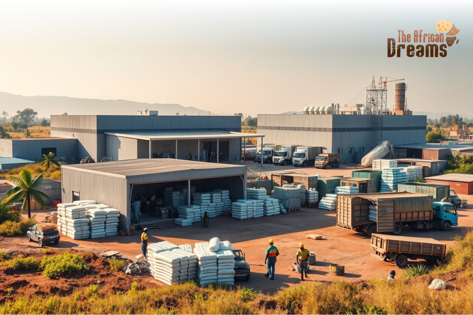 Workers operating machinery in a modern factory in Malawi with nearby farmland and goods prepared for regional export.