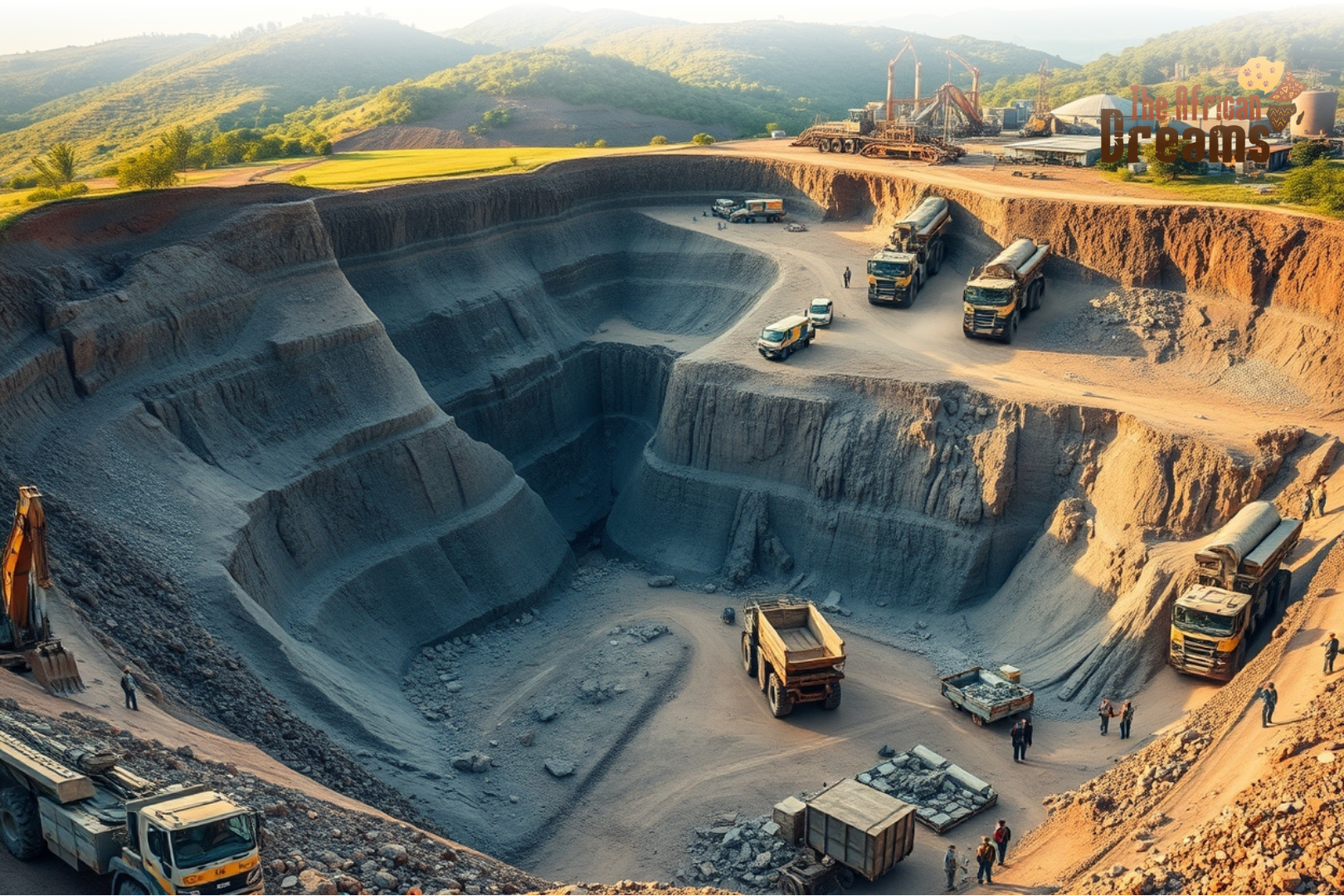 malawi-mineral-mining-sector-investment Large open-pit mining operation in Malawi showing heavy machinery extracting minerals such as graphite and rare earth elements from rocky terrain.