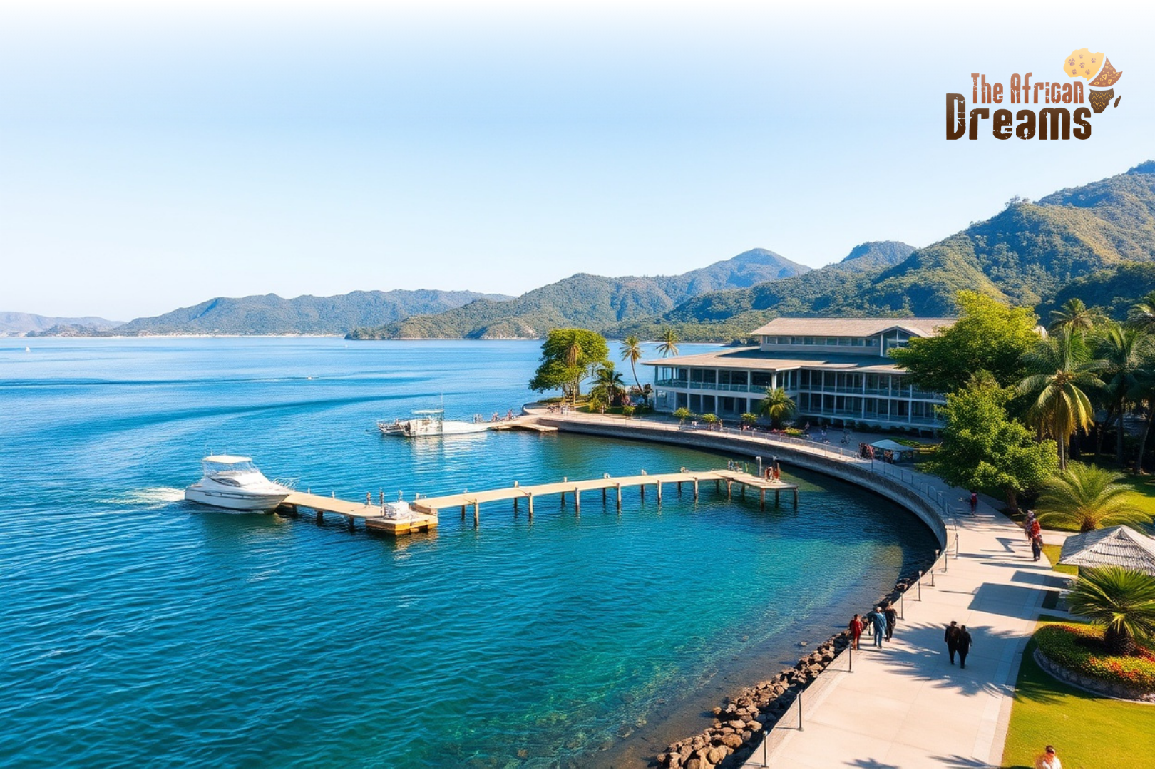 Modern eco-resort and marina development along the shores of Lake Malawi surrounded by green hills and clear blue water.