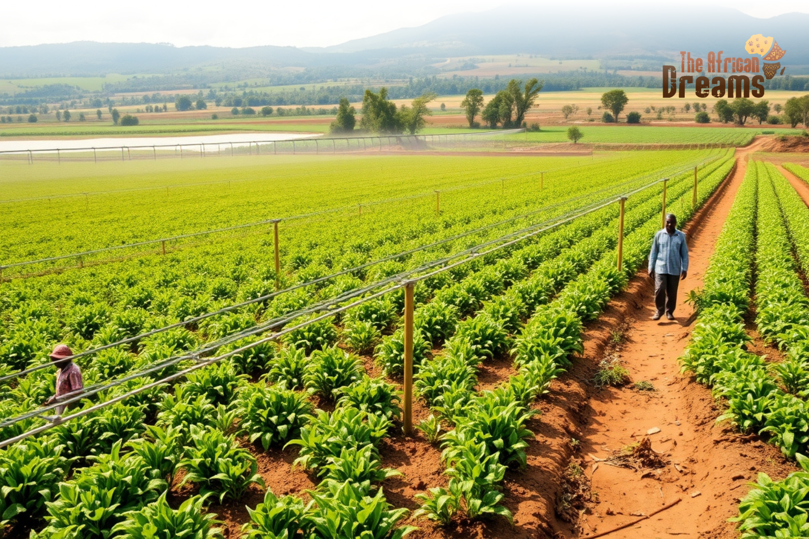 Modern irrigation farming in Uganda with farmers using drip and sprinkler systems near freshwater sources
