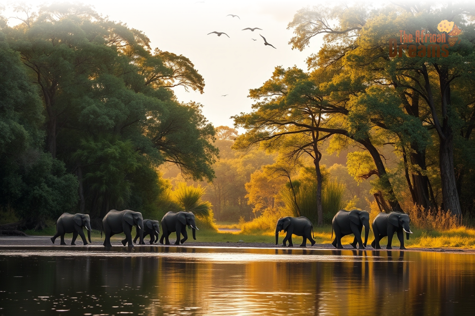 nkhotakota-wildlife-reserve-elephants-malawi Nkhotakota Wildlife Reserve in Malawi with elephants walking near a river surrounded by dense forest and birds flying overhead