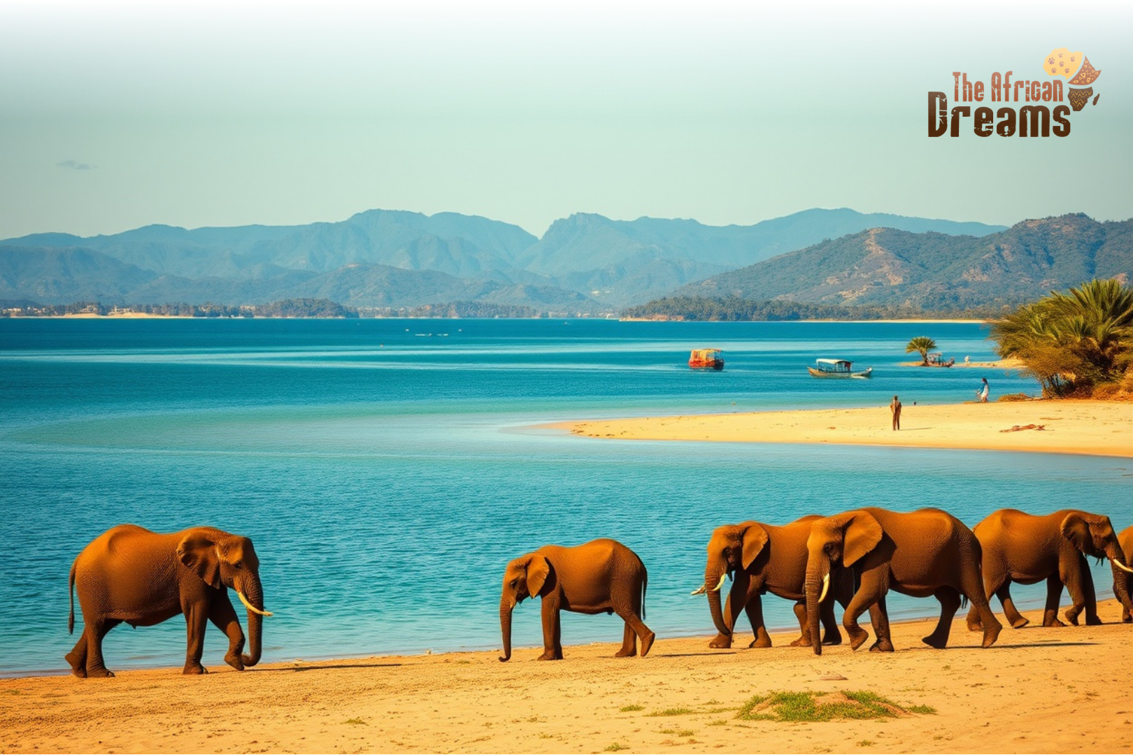 Elephants walking near the shoreline of Lake Malawi with mountains and golden sunset in the background.