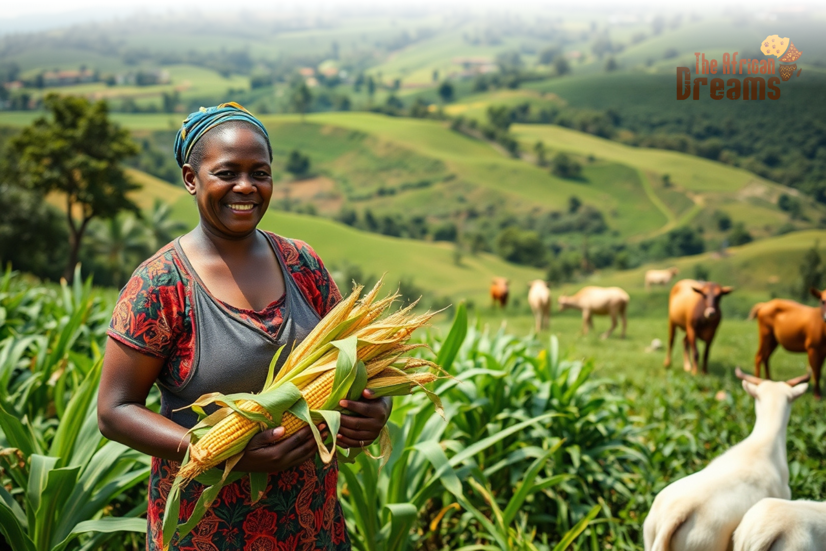 Smallholder farmers working on fertile agricultural land in Uganda with crops, livestock, and lush green landscape under natural sunlight
