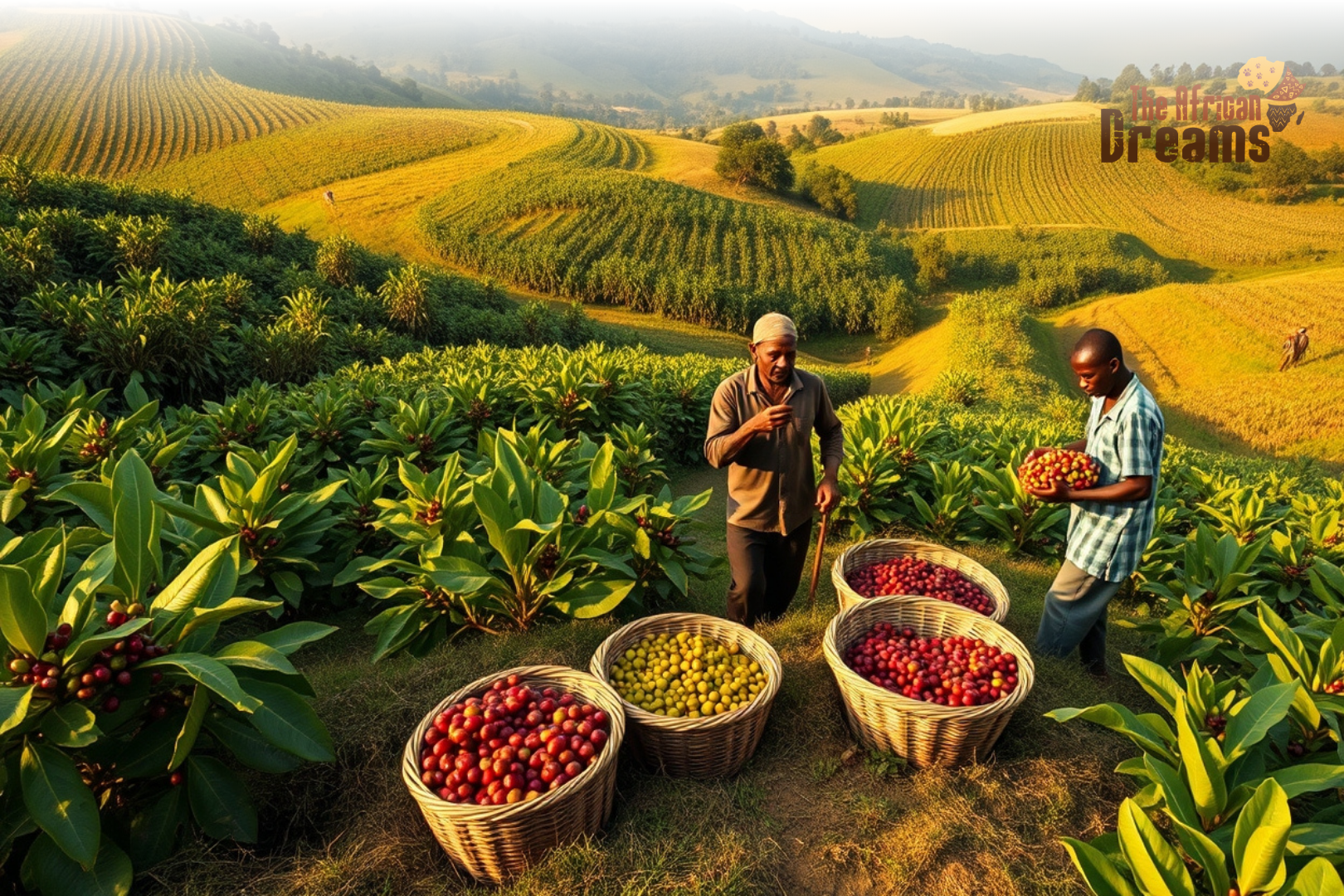 Farmers harvesting coffee in a lush Ugandan agricultural landscape with cassava and maize fields under warm sunlight, representing agro-export opportunities.