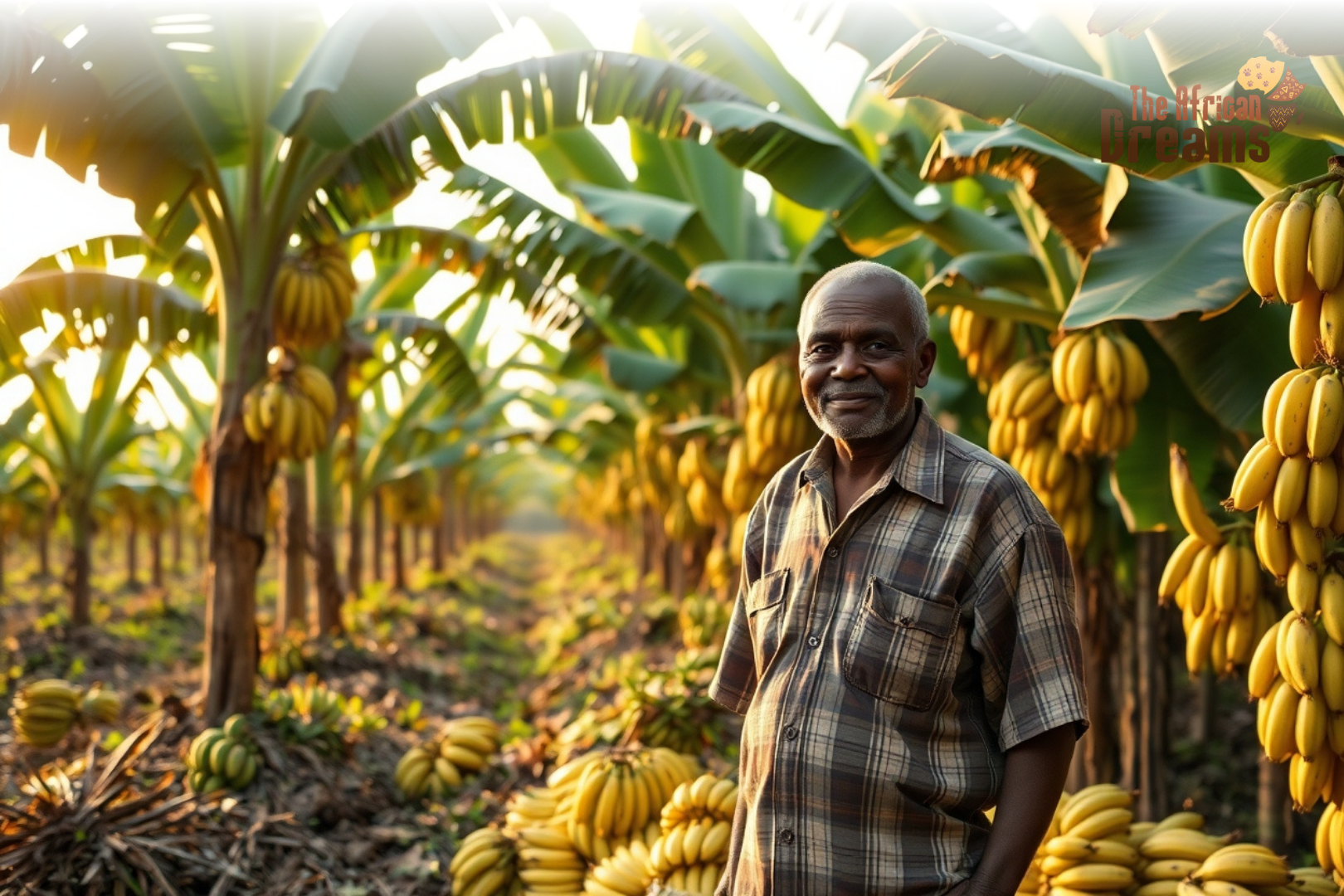 Ugandan farmer standing in a large banana plantation surrounded by many banana trees and harvested bananas.