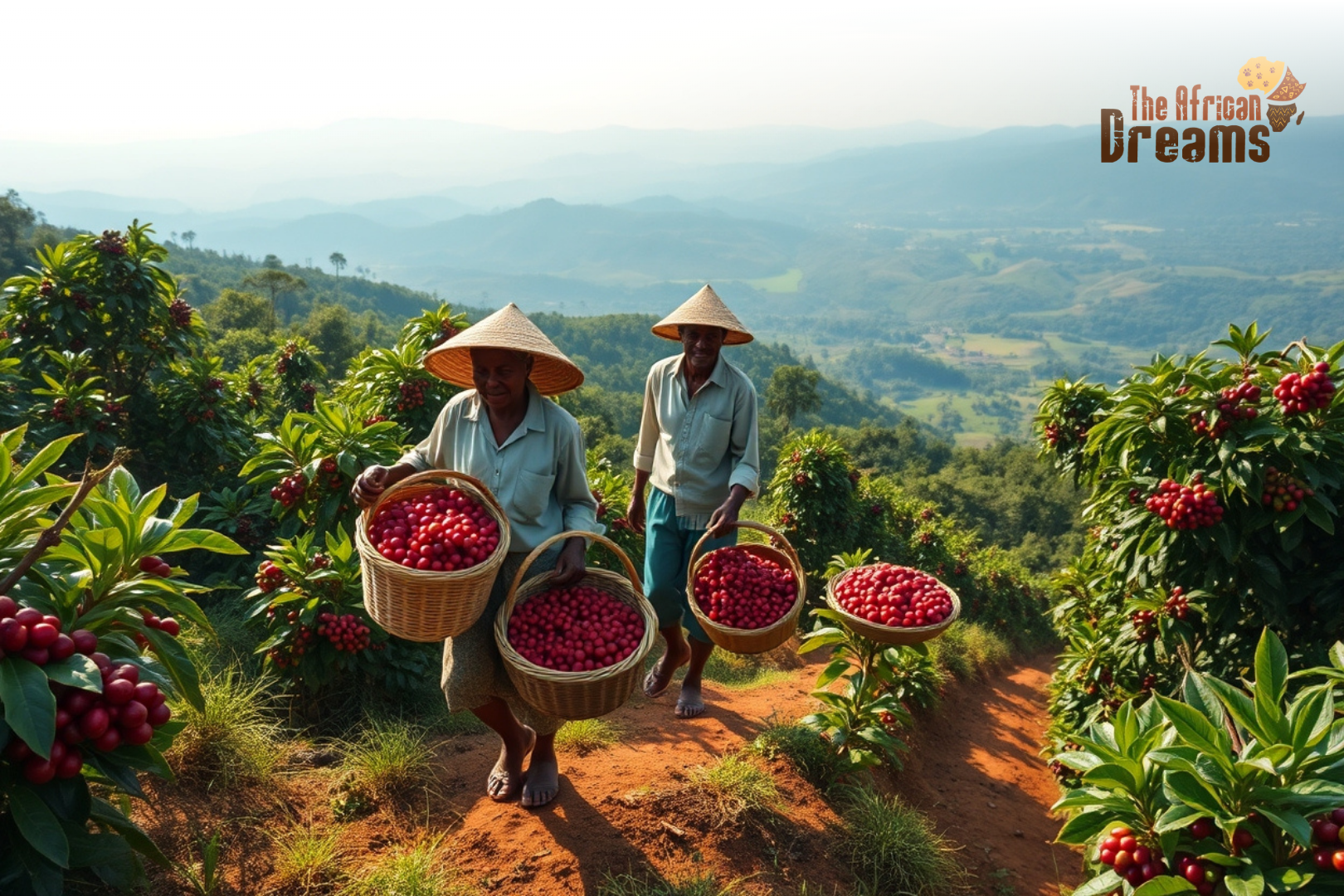 Ugandan coffee farmers harvesting ripe coffee cherries on a lush hillside plantation surrounded by fertile soil and tropical greenery.