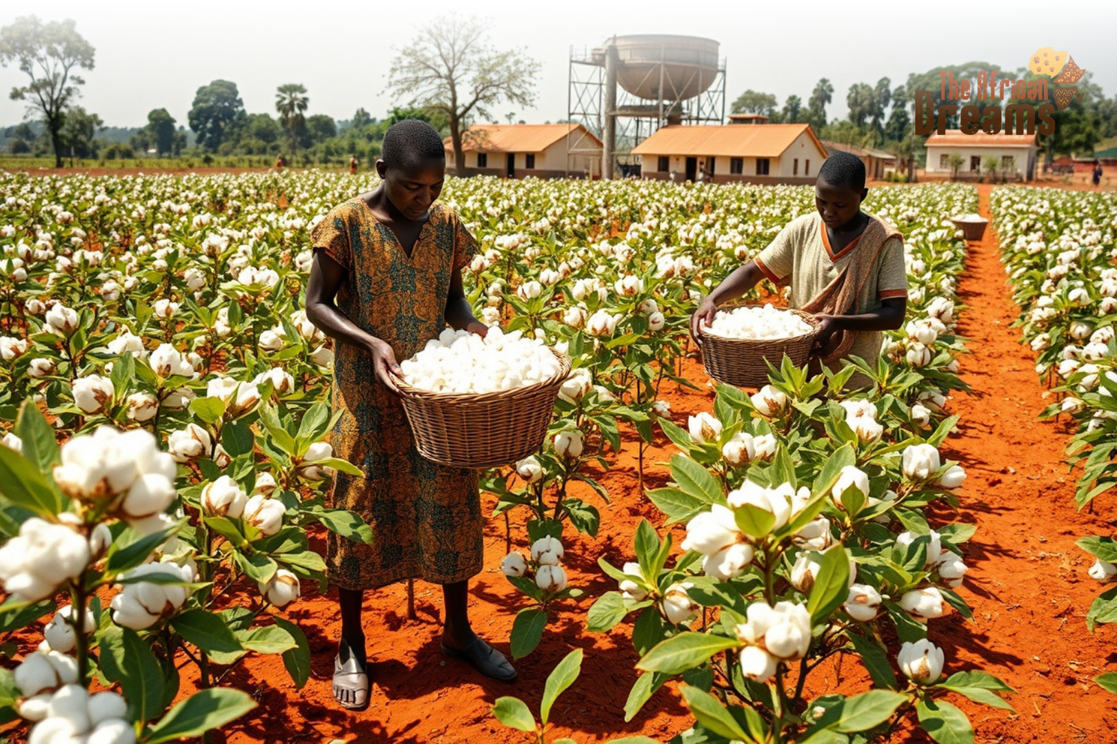 Smallholder farmers harvesting white cotton by hand in a rural Ugandan field with red soil and simple village houses in the background.