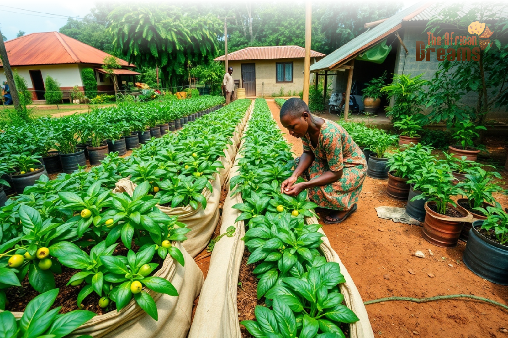 A Ugandan woman managing a small backyard horticulture farm with vegetables grown in containers and sacks, surrounded by lush greenery and a modest home
