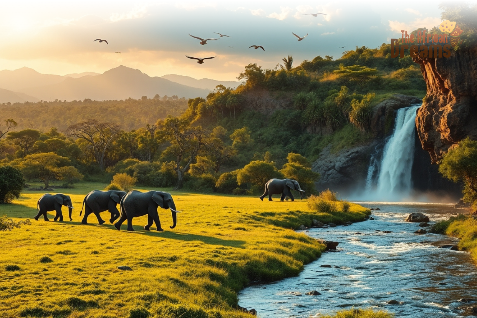 uganda-national-parks-safari-wildlife Elephants roaming in a Ugandan national park with savanna landscape, river, and distant mountains.