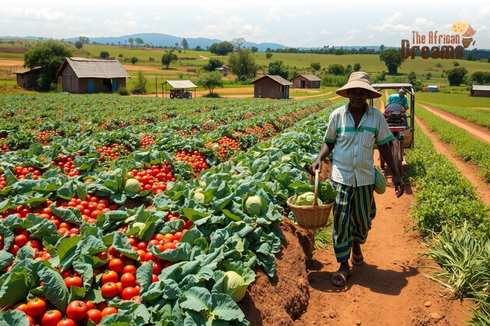 uganda-vegetable-farming-profitability Small-scale farmers harvesting fresh vegetables on fertile farmland in Uganda with baskets of tomatoes, cabbage, and leafy greens under natural sunlight