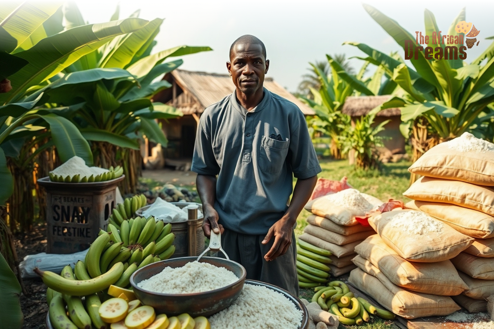 a man is standing with green banana and processed flour