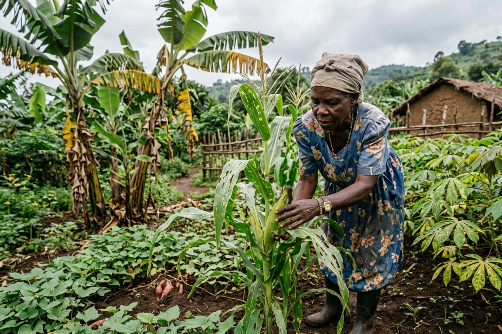 a woman is objerving her crops