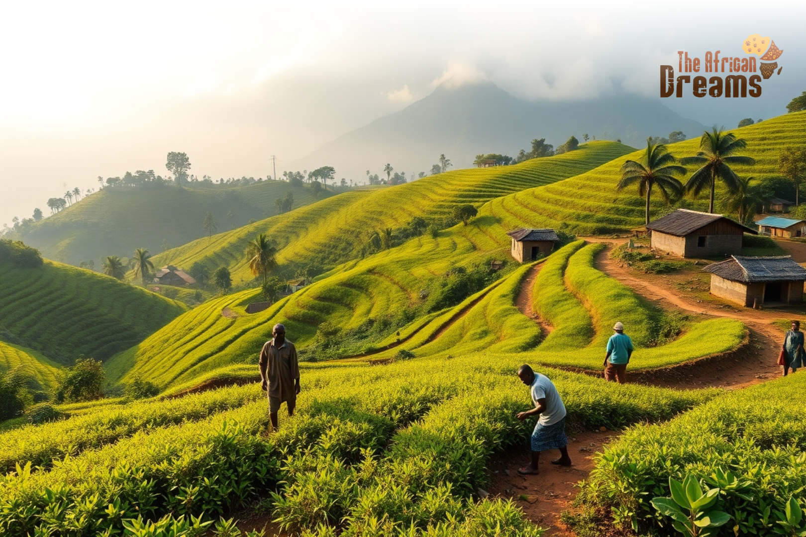 Smallholder farmers in Burundi coffee and banana crops on green terraced hills under natural morning light