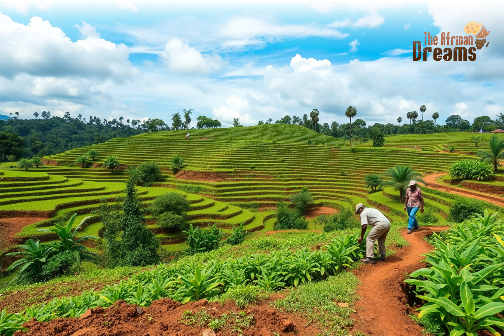 burundi-climate-smart-agriculture-realistic Smallholder farmers in Burundi working on terraced farmland using climate-smart agriculture methods, with mixed crops, trees, and visible climate challenges.