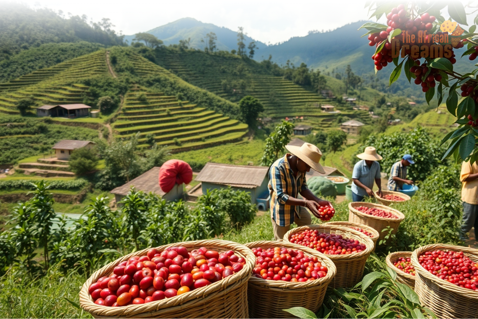Smallholder farmers in Burundi harvesting ripe coffee cherries on green hills with a nearby washing station, representing the country’s coffee industry and rural economy.