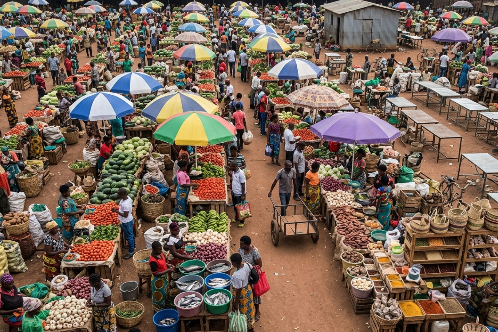 A high-angle, realistic shot of a crowded open-air market with many vendors selling fresh produce like tomatoes, onions, and greens under colorful umbrellas. People are walking through the dirt pathways between stalls in a bustling, vibrant atmosphere.