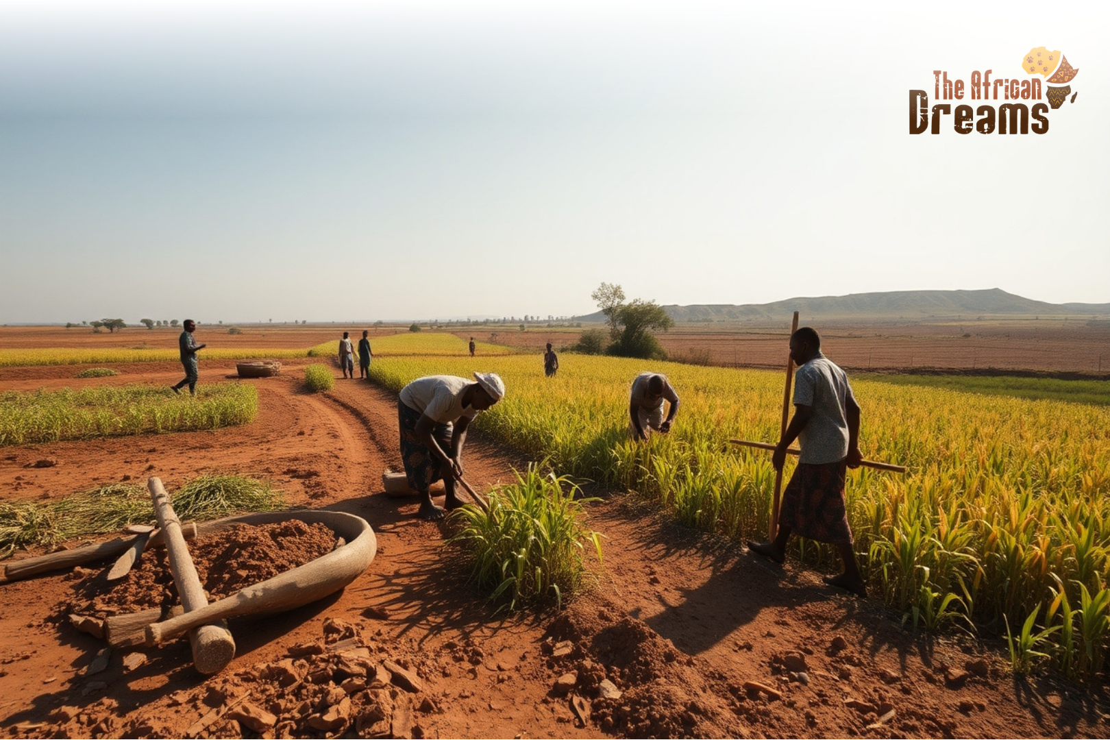 Farmers in a red dirt field harvest tall crops under a clear sky; a wheelbarrow and wooden tools lie on the ground; logo 'The African Dreams' upper right.