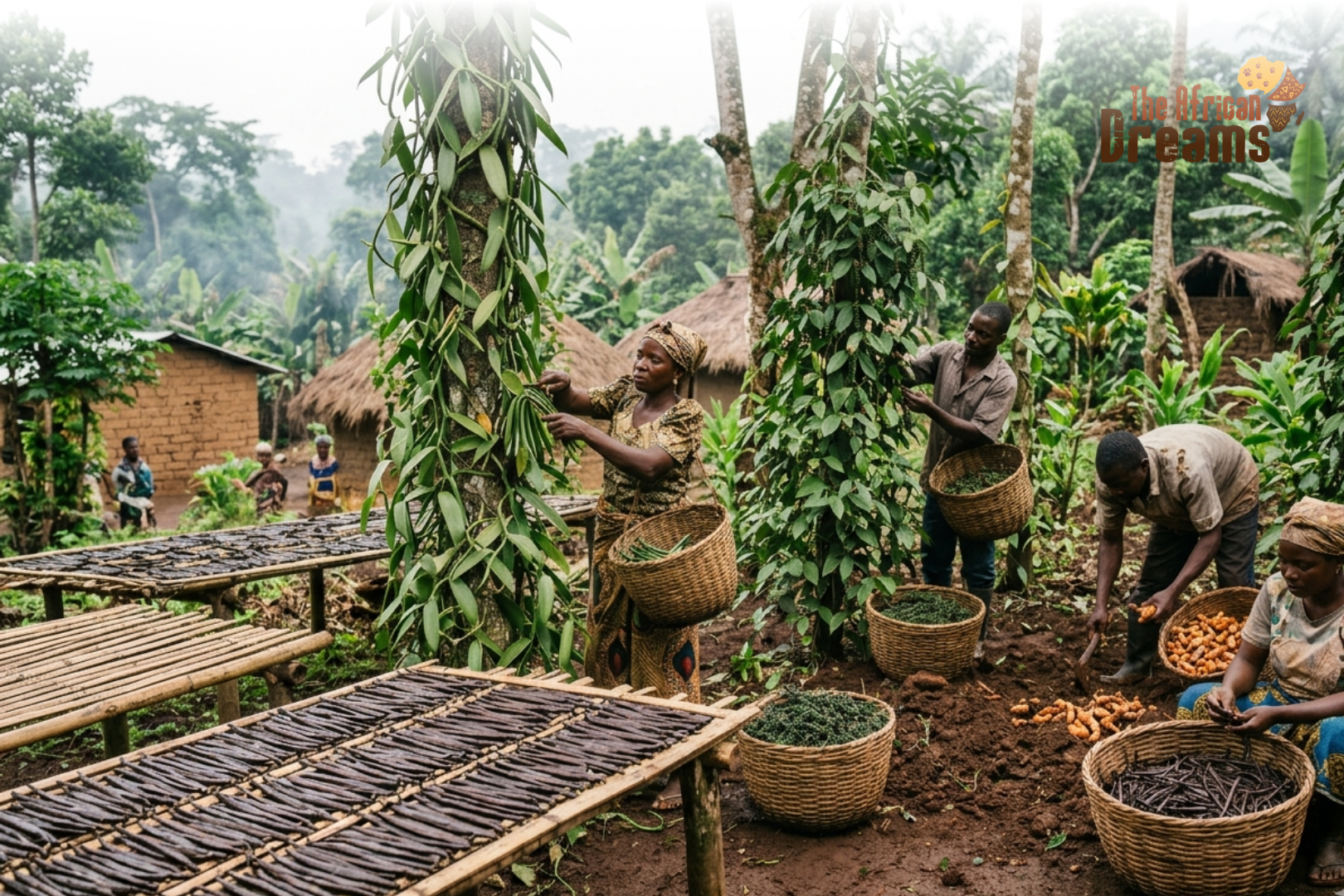 congo-spice-cultivation-realistic Farmers in the Democratic Republic of the Congo harvesting and processing spices like vanilla and pepper in a lush tropical farm setting.