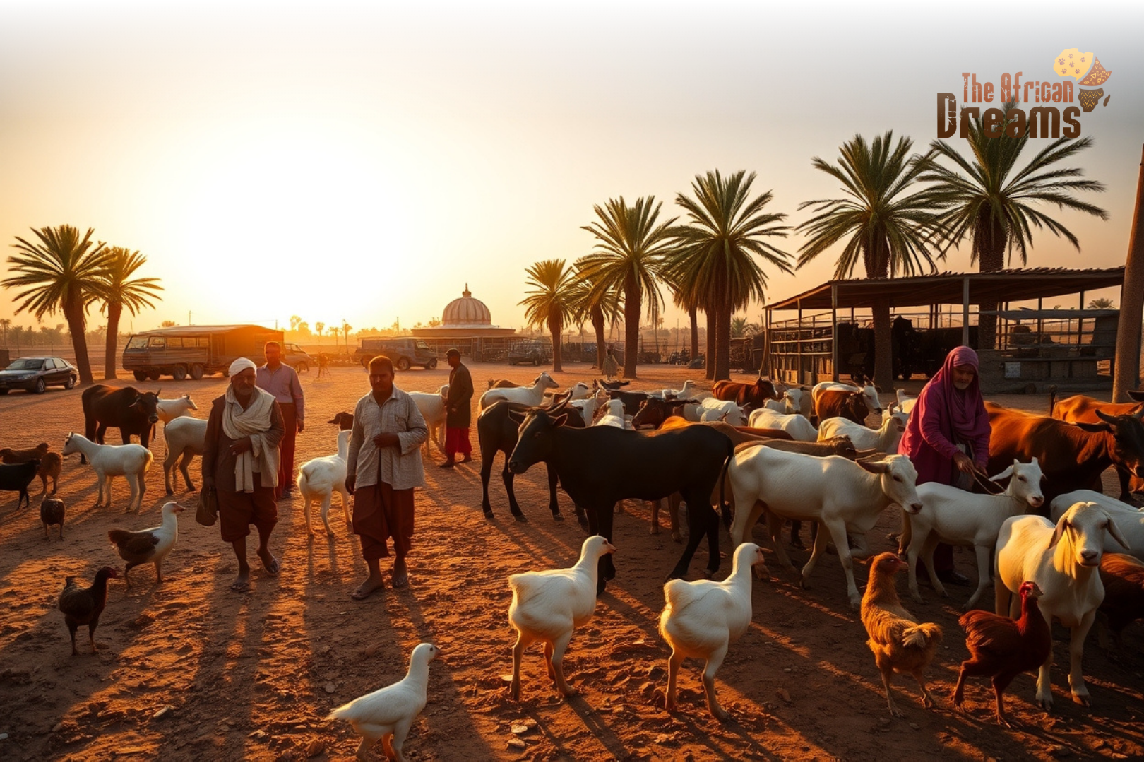 egypt-livestock-sector-farming-investment Traditional and modern livestock farming in Egypt with farmers raising cattle, goats, and poultry in a rural desert landscape.