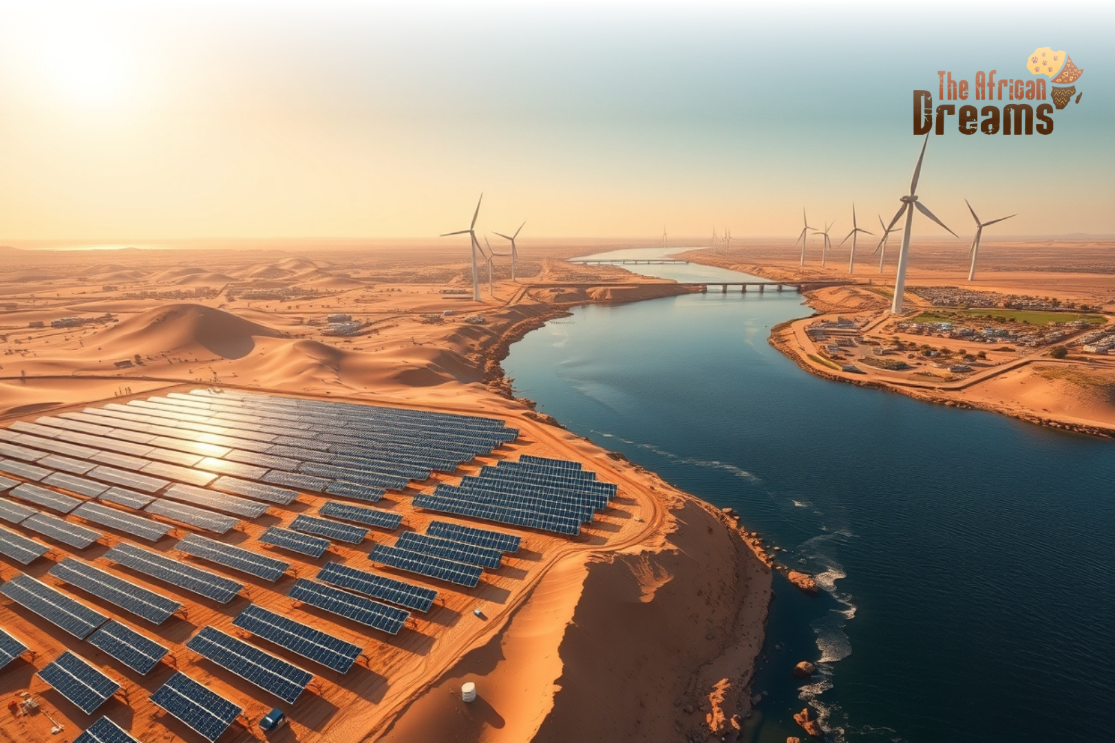 Solar panels and wind turbines in Egypt’s desert highlighting renewable energy development