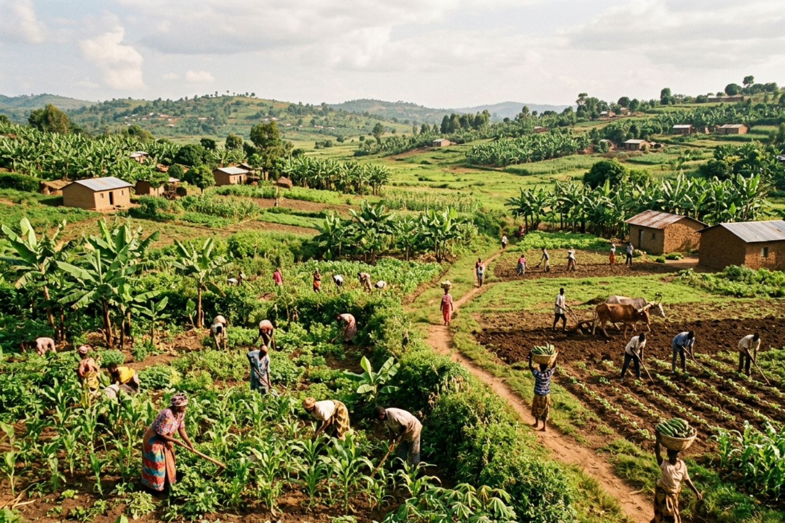 People working in a lush hillside farm with rows of vegetables, banana trees, and small mud-brick huts under a cloudy sky.