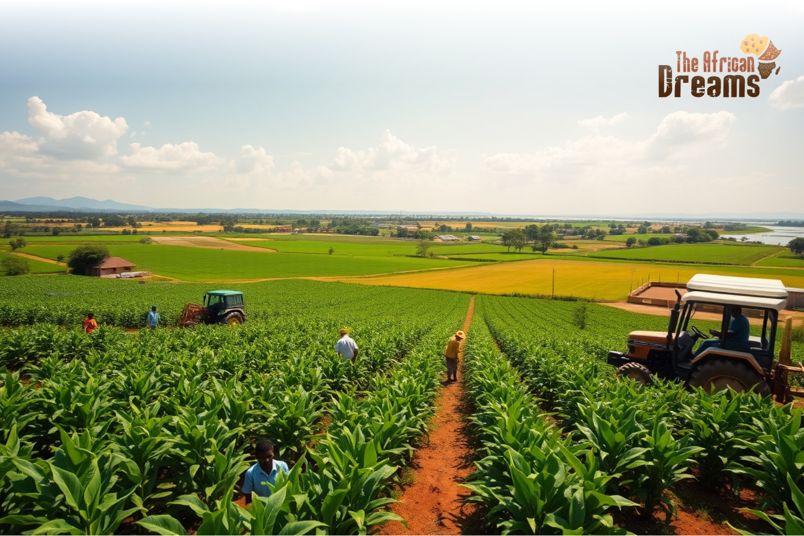 malawi-agriculture-investment-opportunities-realistic Farmers working in Malawi’s fertile agricultural fields with crops, modern farming tools, and nearby agro-processing and renewable energy facilities.