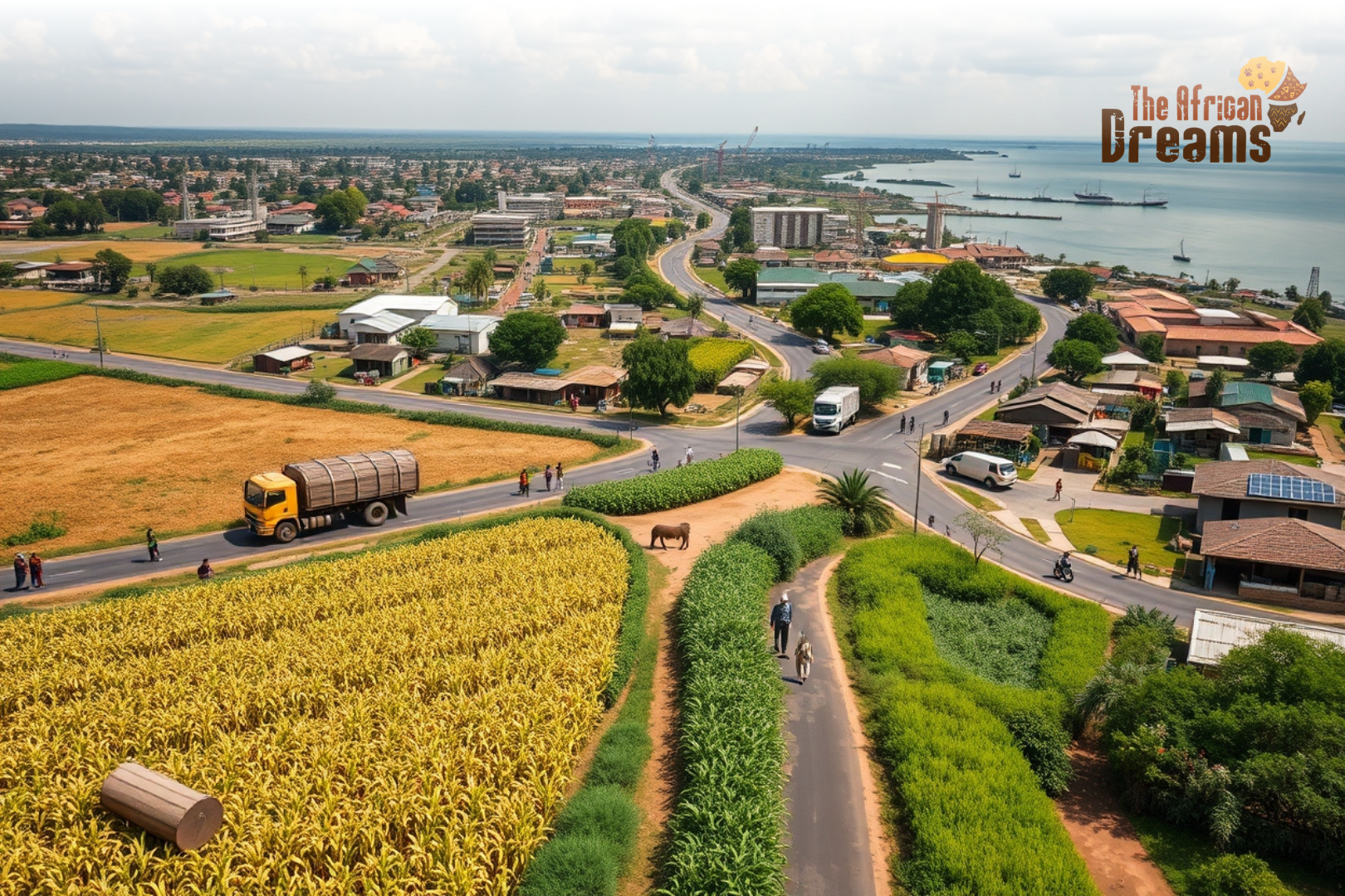 Farmers working in maize fields with modern irrigation, transport infrastructure, solar energy, and a growing urban area near Lake Malawi representing economic development.