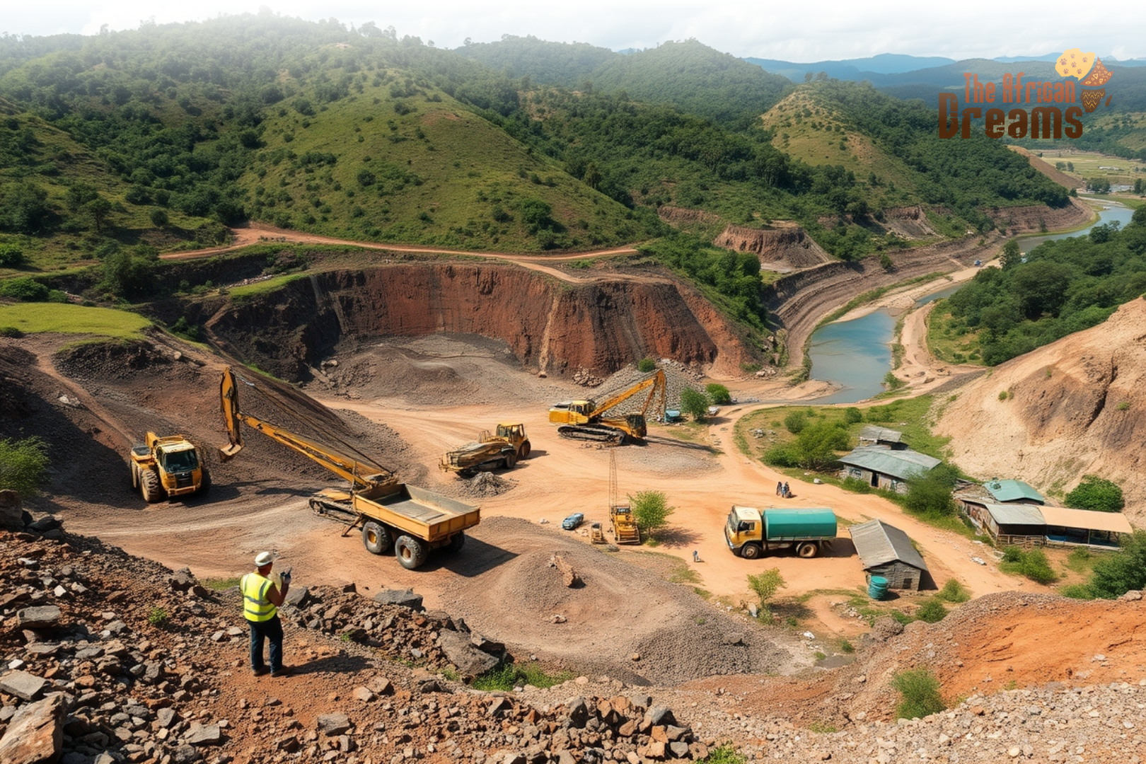 Realistic view of an active mining site in Malawi with workers, heavy machinery, nearby village, and surrounding natural landscape showing environmental impact