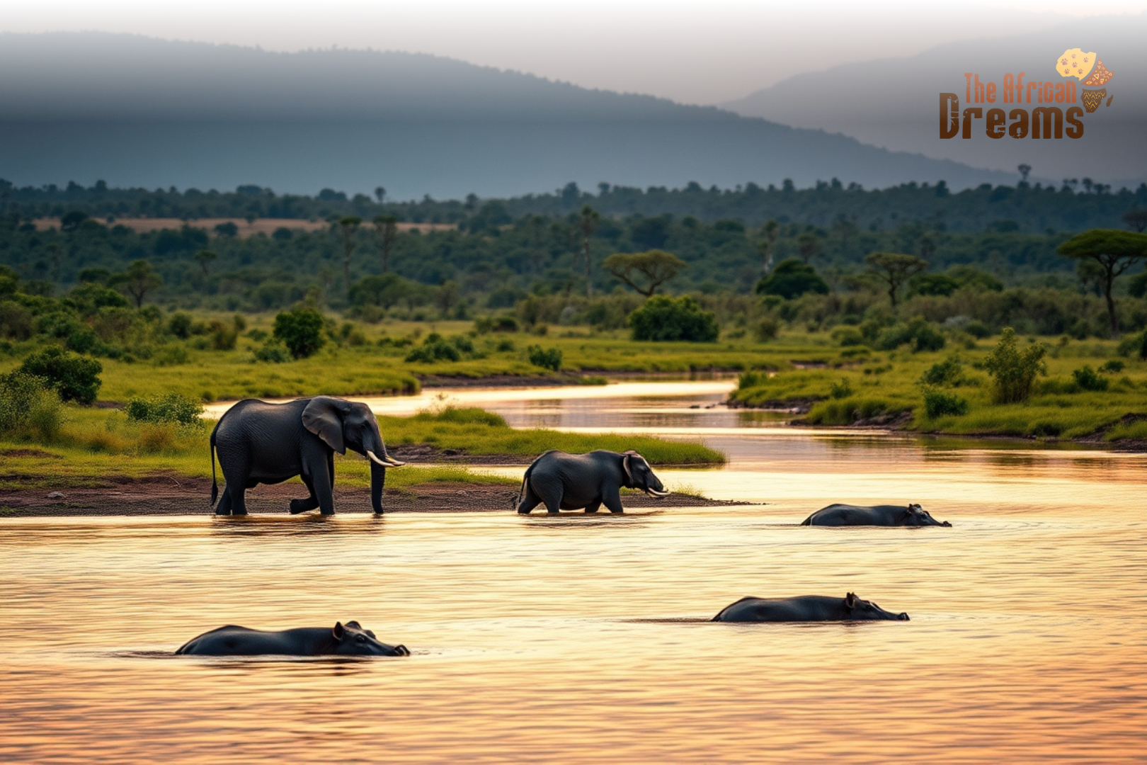 Herd of elephants in a river at sunset, with grassy savanna and distant hills; The African Dreams logo in the top-right corner.