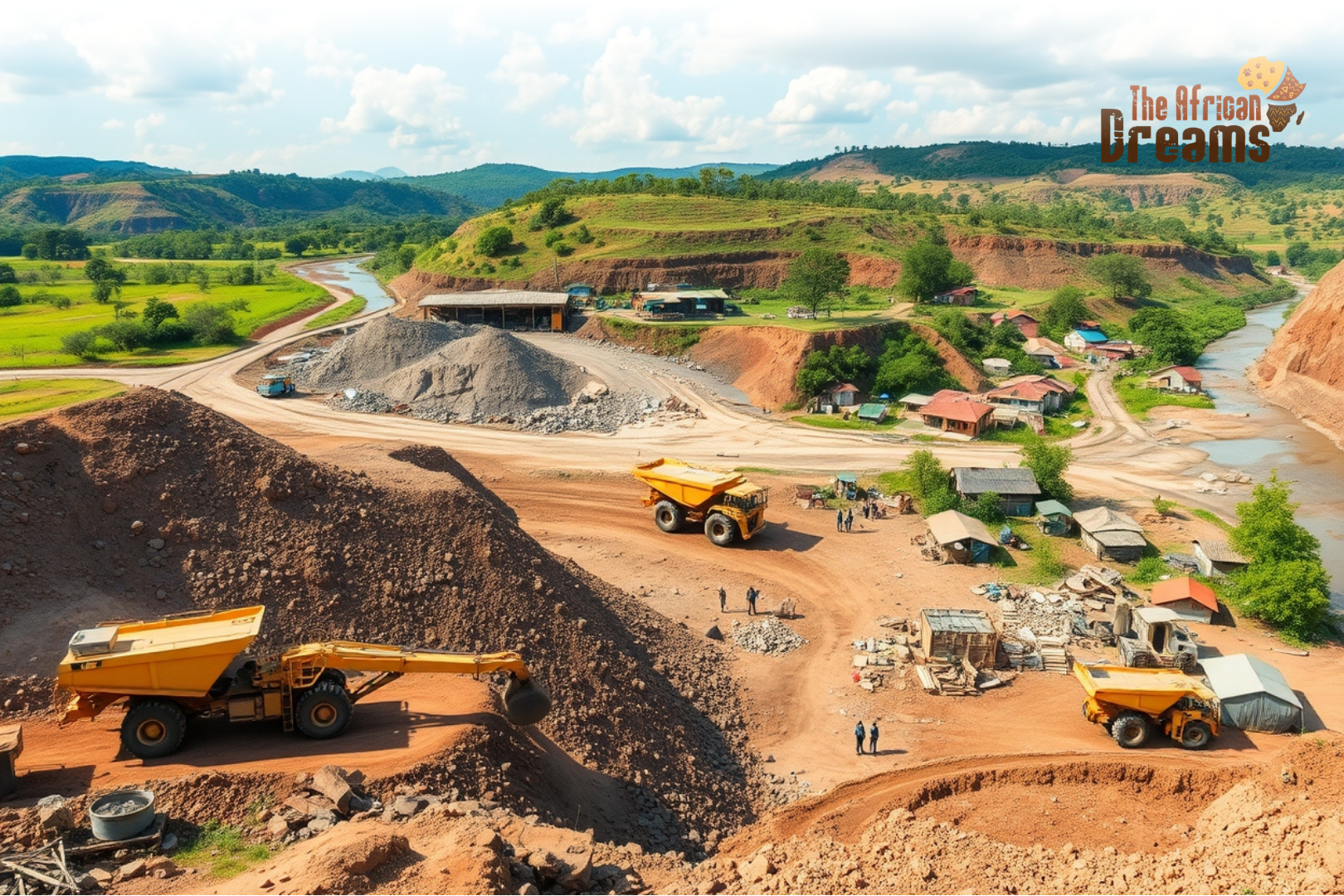 malawi’s mining & minerals Large open-pit mining site with rock piles, yellow dump trucks, and a river valley with greenery and houses in the distance (The African Dreams watermark)