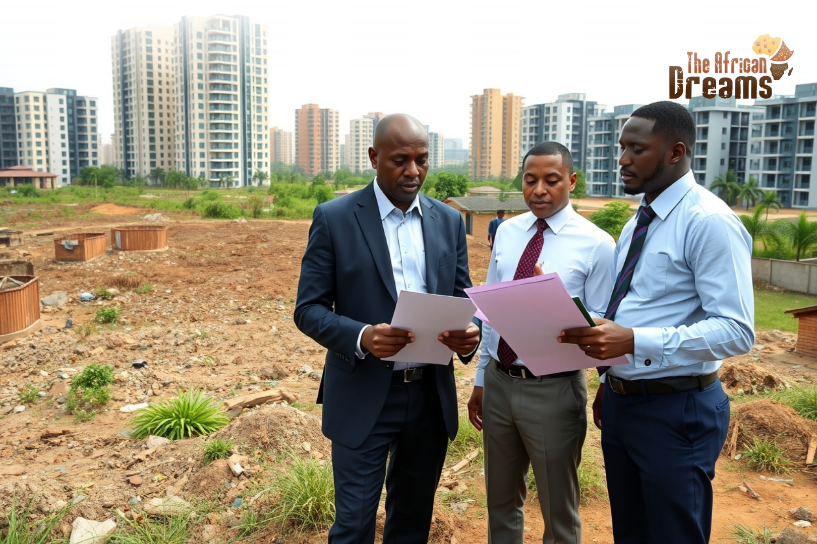 A Nigerian real estate investor reviewing land documents with professionals while inspecting a property site in an urban area.