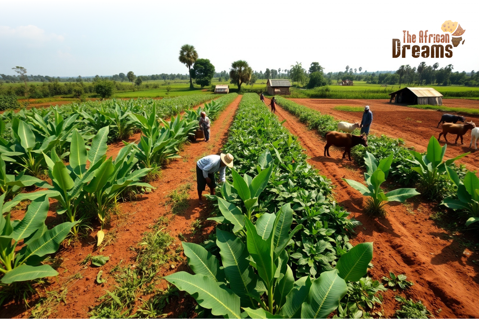 Organic farm in Uganda with farmers growing natural crops and managing livestock in a green rural landscape