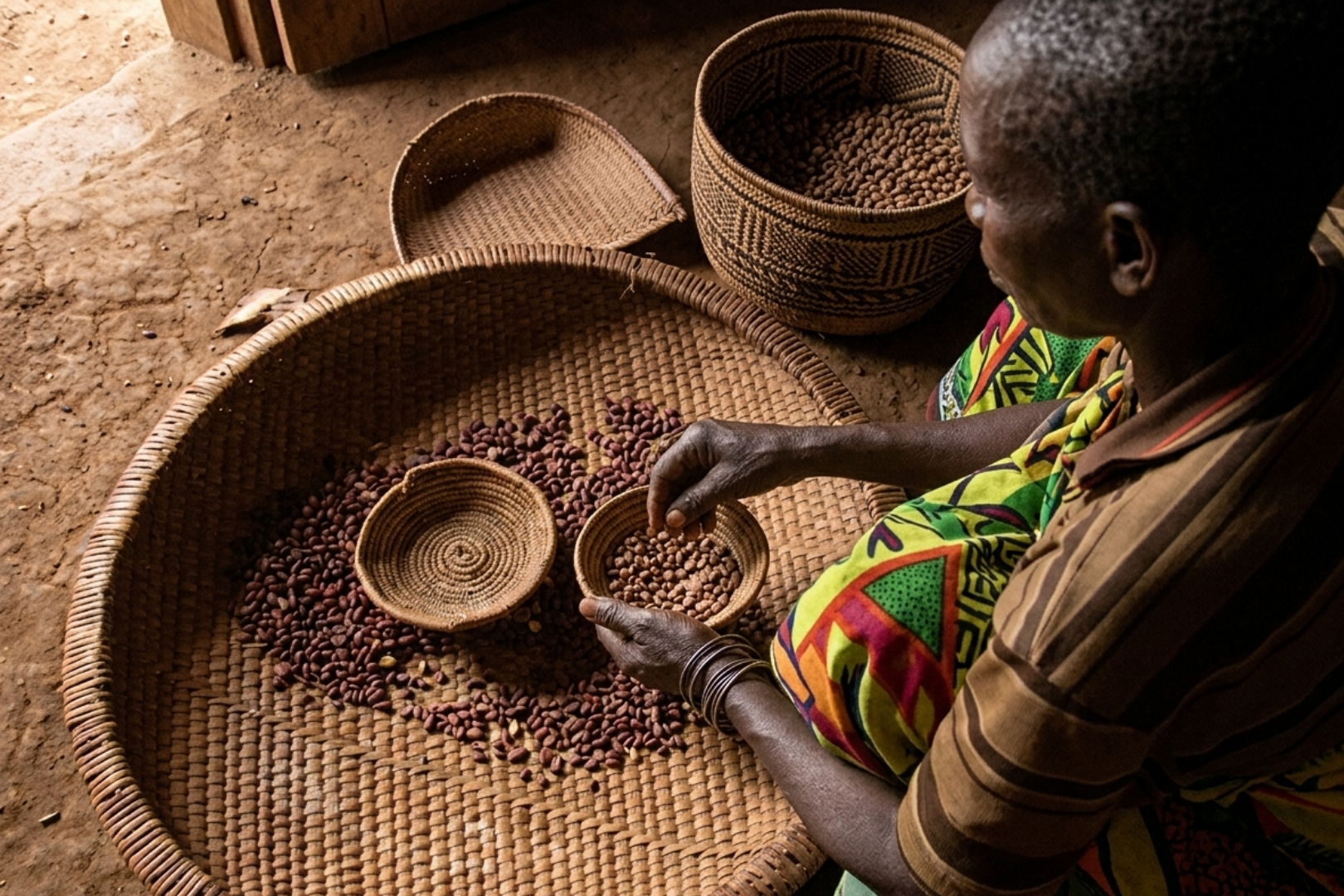 A high-angle, realistic photo of a person sitting on a dirt floor, meticulously sorting small reddish-brown seeds or beans into hand-woven wicker baskets. The person is wearing colorful, patterned clothing and metal bangles. The scene is lit with natural, warm light, emphasizing the textures of the woven trays and the earthen ground