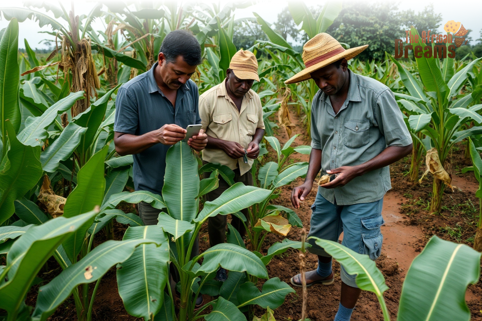 Three men in a banana plantation inspect leaves, with one checking a smartphone.