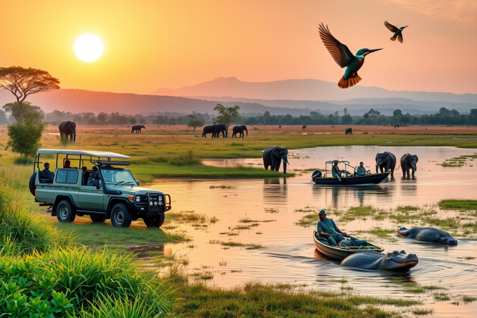 travelers are vissiting scenic beuty by safari jeep