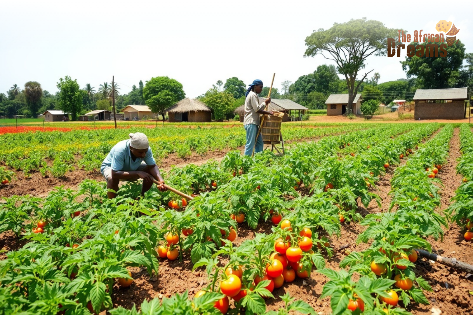 Farm workers harvest ripe tomatoes in neat rows on a sunny rural farm; huts and trees in the background, logo 'The African Dreams' in the corner.